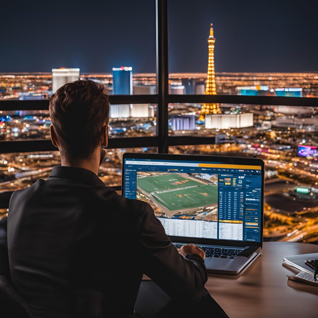 Looking over the shoulder of someone who is intently engaged in viewing an online sports betting website with the Las Vegas skyline in the background
